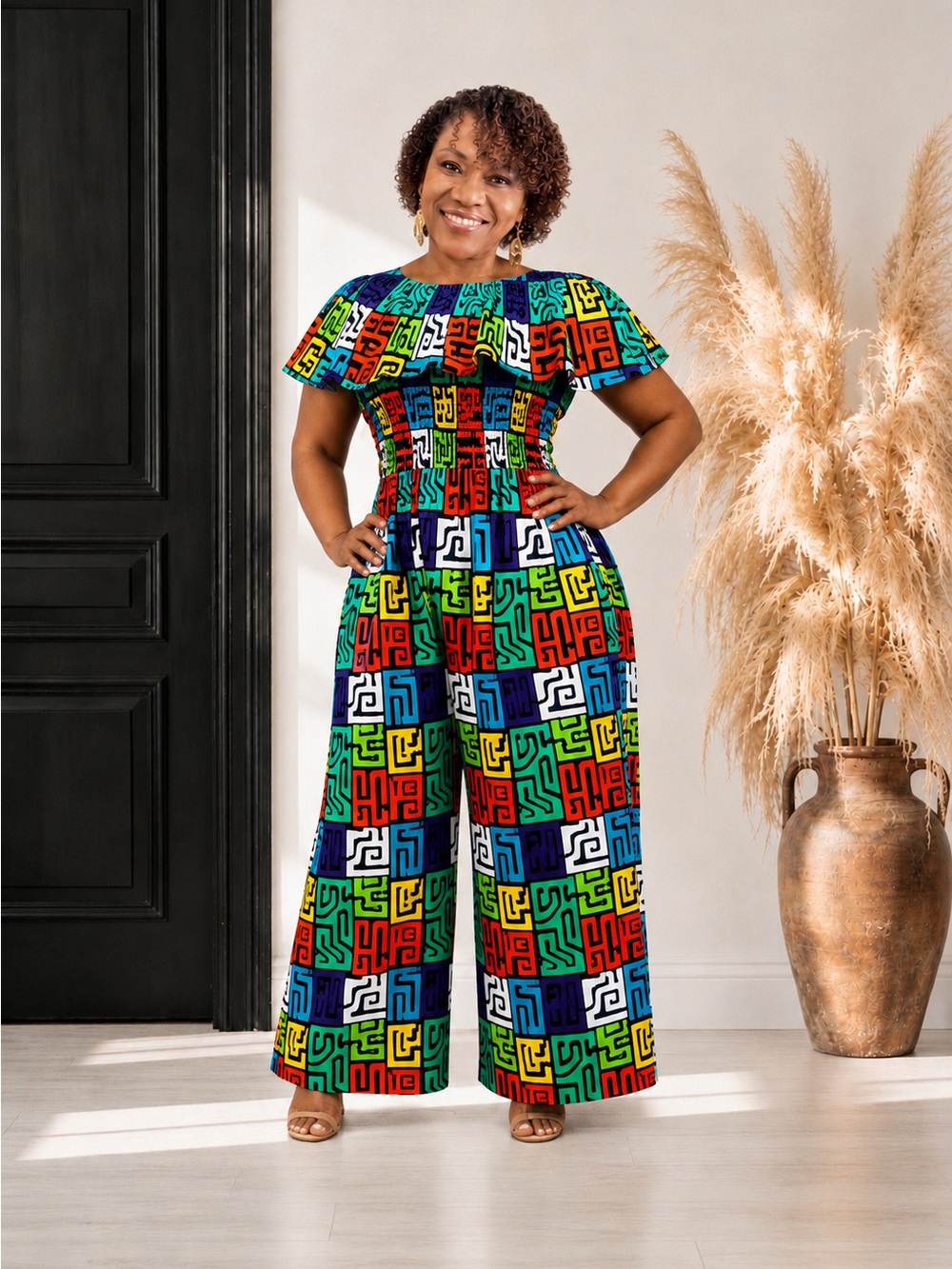 African Print Ruffled Neckline Jumpsuit / Romper (Blue) with Head Wrap
